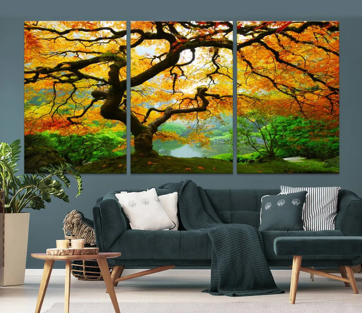 A breathtaking three-panel artwork titled "Japanese Maple in Autumn, Japanese Garden, Portland Oregon Fall Wall Art Canvas Print" adorns the modern living room. Printed on museum-quality canvas with a UV-protective coating for enduring brilliance, this masterpiece comes with free shipping.