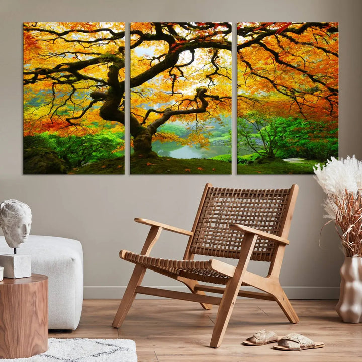 A breathtaking three-panel artwork titled "Japanese Maple in Autumn, Japanese Garden, Portland Oregon Fall Wall Art Canvas Print" adorns the modern living room. Printed on museum-quality canvas with a UV-protective coating for enduring brilliance, this masterpiece comes with free shipping.