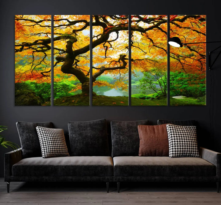 A breathtaking three-panel artwork titled "Japanese Maple in Autumn, Japanese Garden, Portland Oregon Fall Wall Art Canvas Print" adorns the modern living room. Printed on museum-quality canvas with a UV-protective coating for enduring brilliance, this masterpiece comes with free shipping.