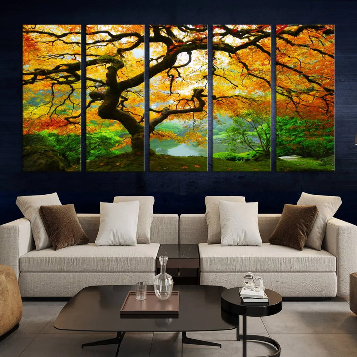 A breathtaking three-panel artwork titled "Japanese Maple in Autumn, Japanese Garden, Portland Oregon Fall Wall Art Canvas Print" adorns the modern living room. Printed on museum-quality canvas with a UV-protective coating for enduring brilliance, this masterpiece comes with free shipping.