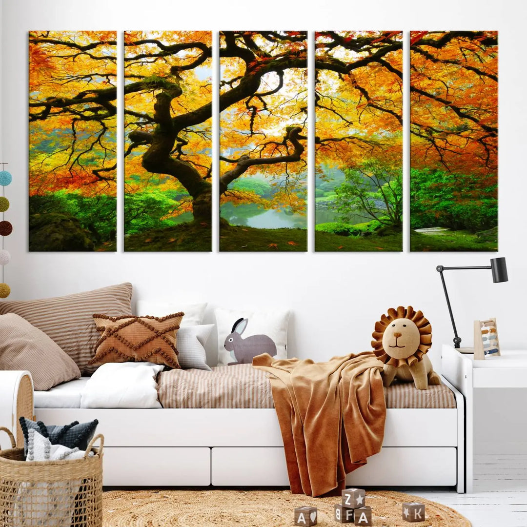 A breathtaking three-panel artwork titled "Japanese Maple in Autumn, Japanese Garden, Portland Oregon Fall Wall Art Canvas Print" adorns the modern living room. Printed on museum-quality canvas with a UV-protective coating for enduring brilliance, this masterpiece comes with free shipping.