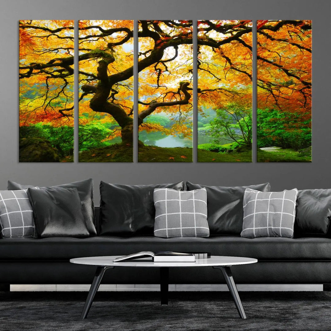 A breathtaking three-panel artwork titled "Japanese Maple in Autumn, Japanese Garden, Portland Oregon Fall Wall Art Canvas Print" adorns the modern living room. Printed on museum-quality canvas with a UV-protective coating for enduring brilliance, this masterpiece comes with free shipping.