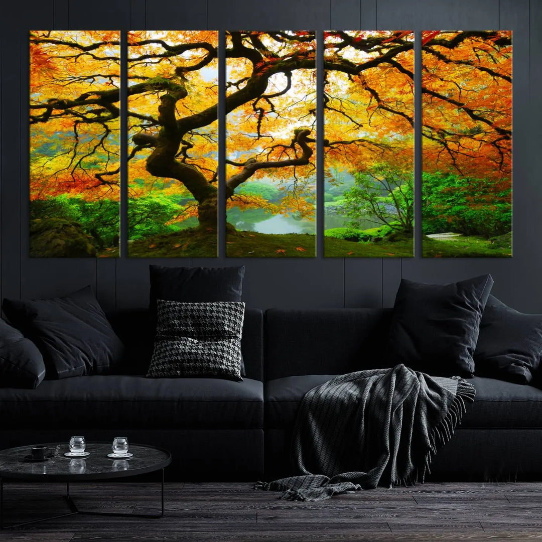 A breathtaking three-panel artwork titled "Japanese Maple in Autumn, Japanese Garden, Portland Oregon Fall Wall Art Canvas Print" adorns the modern living room. Printed on museum-quality canvas with a UV-protective coating for enduring brilliance, this masterpiece comes with free shipping.