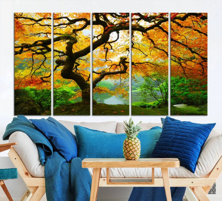 A breathtaking three-panel artwork titled "Japanese Maple in Autumn, Japanese Garden, Portland Oregon Fall Wall Art Canvas Print" adorns the modern living room. Printed on museum-quality canvas with a UV-protective coating for enduring brilliance, this masterpiece comes with free shipping.