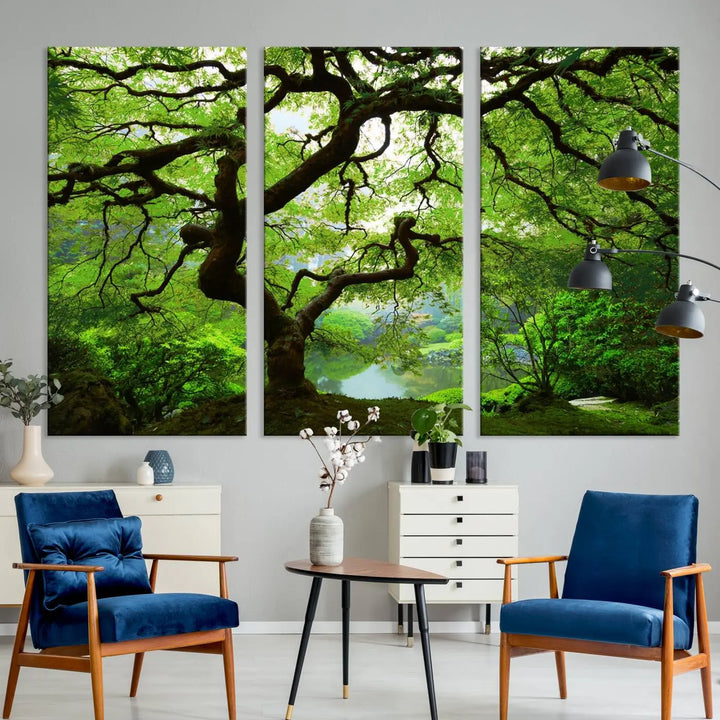 The living room showcases a three-panel artwork titled "Japanese Maple in Autumn, Japanese Garden, Portland Oregon Wall Art" on museum-quality polycotton canvas with a UV-protective coating for lasting brilliance.