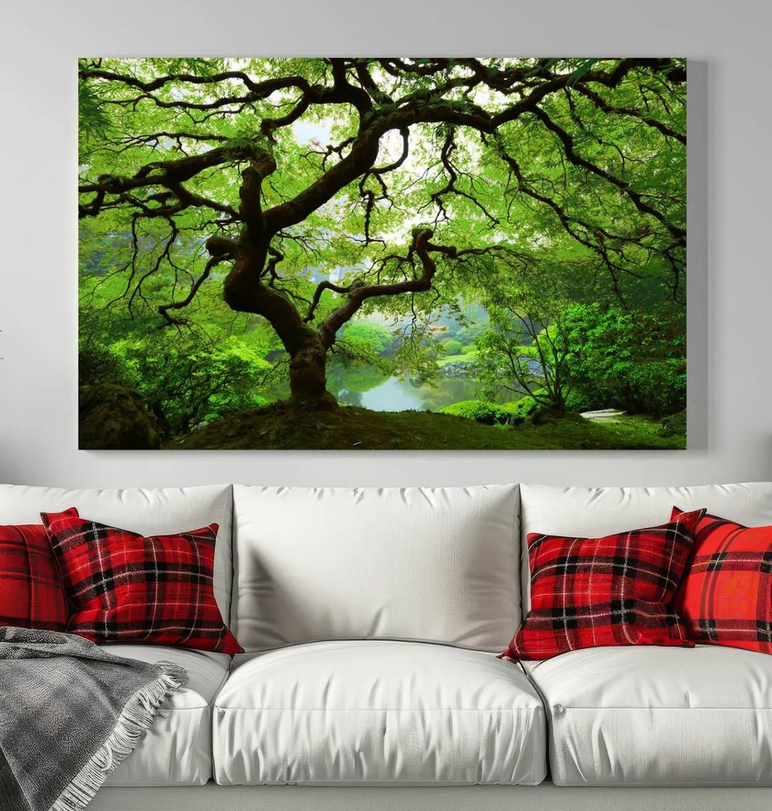 The living room showcases a three-panel artwork titled "Japanese Maple in Autumn, Japanese Garden, Portland Oregon Wall Art" on museum-quality polycotton canvas with a UV-protective coating for lasting brilliance.