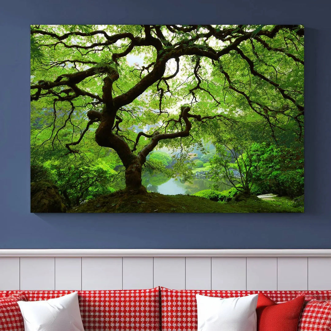 The living room showcases a three-panel artwork titled "Japanese Maple in Autumn, Japanese Garden, Portland Oregon Wall Art" on museum-quality polycotton canvas with a UV-protective coating for lasting brilliance.