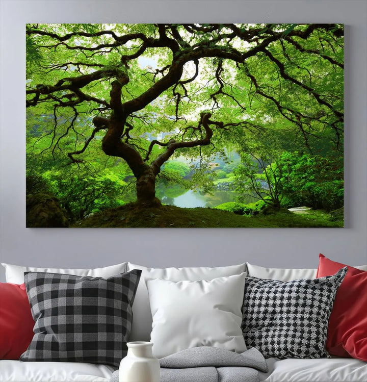 The living room showcases a three-panel artwork titled "Japanese Maple in Autumn, Japanese Garden, Portland Oregon Wall Art" on museum-quality polycotton canvas with a UV-protective coating for lasting brilliance.