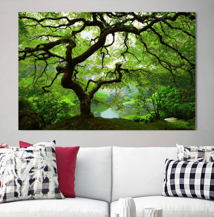 The living room showcases a three-panel artwork titled "Japanese Maple in Autumn, Japanese Garden, Portland Oregon Wall Art" on museum-quality polycotton canvas with a UV-protective coating for lasting brilliance.