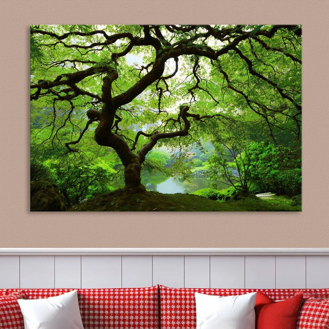 The living room showcases a three-panel artwork titled "Japanese Maple in Autumn, Japanese Garden, Portland Oregon Wall Art" on museum-quality polycotton canvas with a UV-protective coating for lasting brilliance.