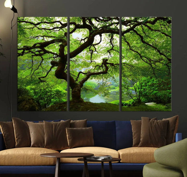 The living room showcases a three-panel artwork titled "Japanese Maple in Autumn, Japanese Garden, Portland Oregon Wall Art" on museum-quality polycotton canvas with a UV-protective coating for lasting brilliance.