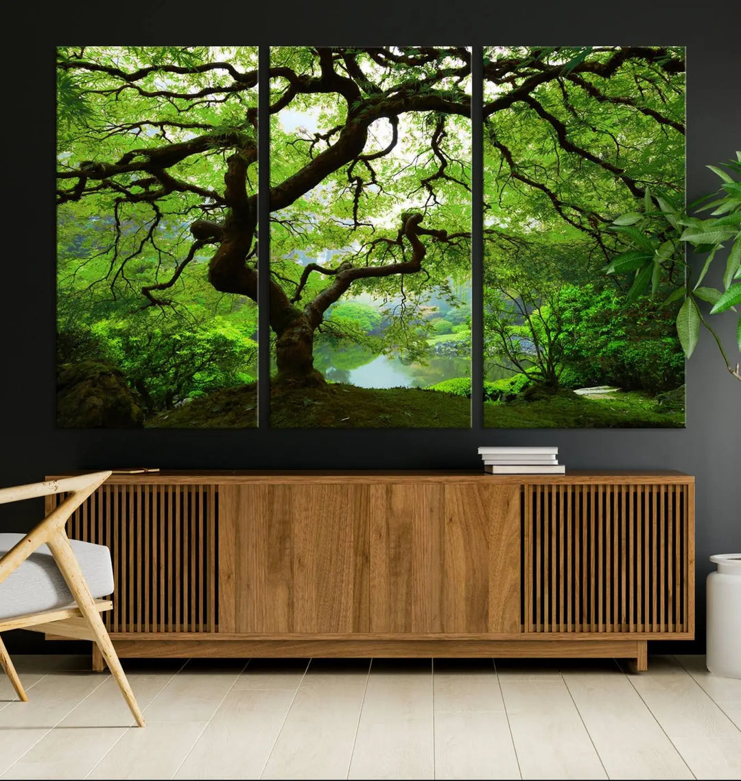 The living room showcases a three-panel artwork titled "Japanese Maple in Autumn, Japanese Garden, Portland Oregon Wall Art" on museum-quality polycotton canvas with a UV-protective coating for lasting brilliance.