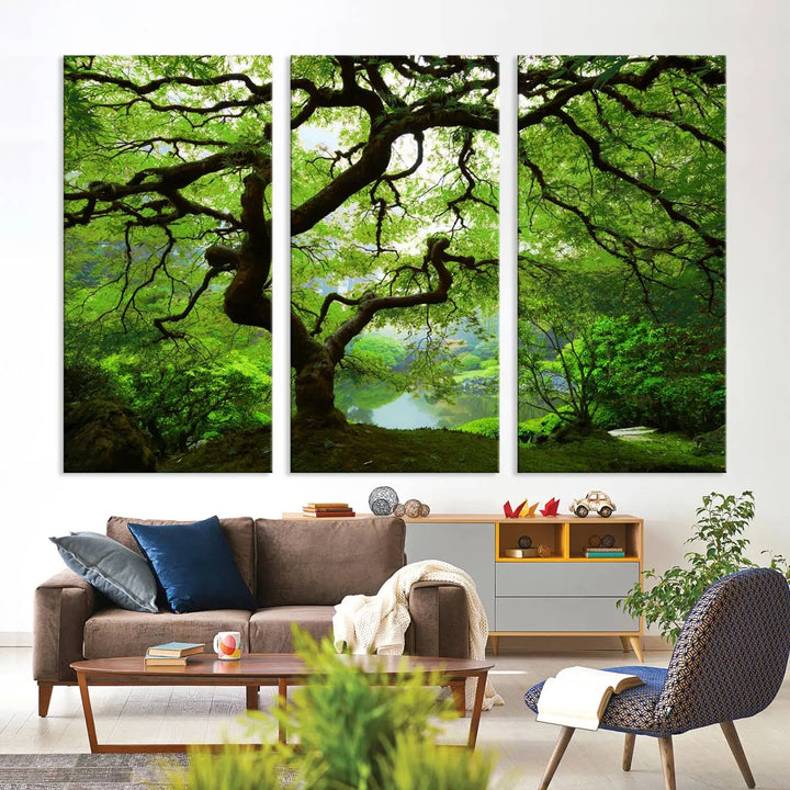 The living room showcases a three-panel artwork titled "Japanese Maple in Autumn, Japanese Garden, Portland Oregon Wall Art" on museum-quality polycotton canvas with a UV-protective coating for lasting brilliance.