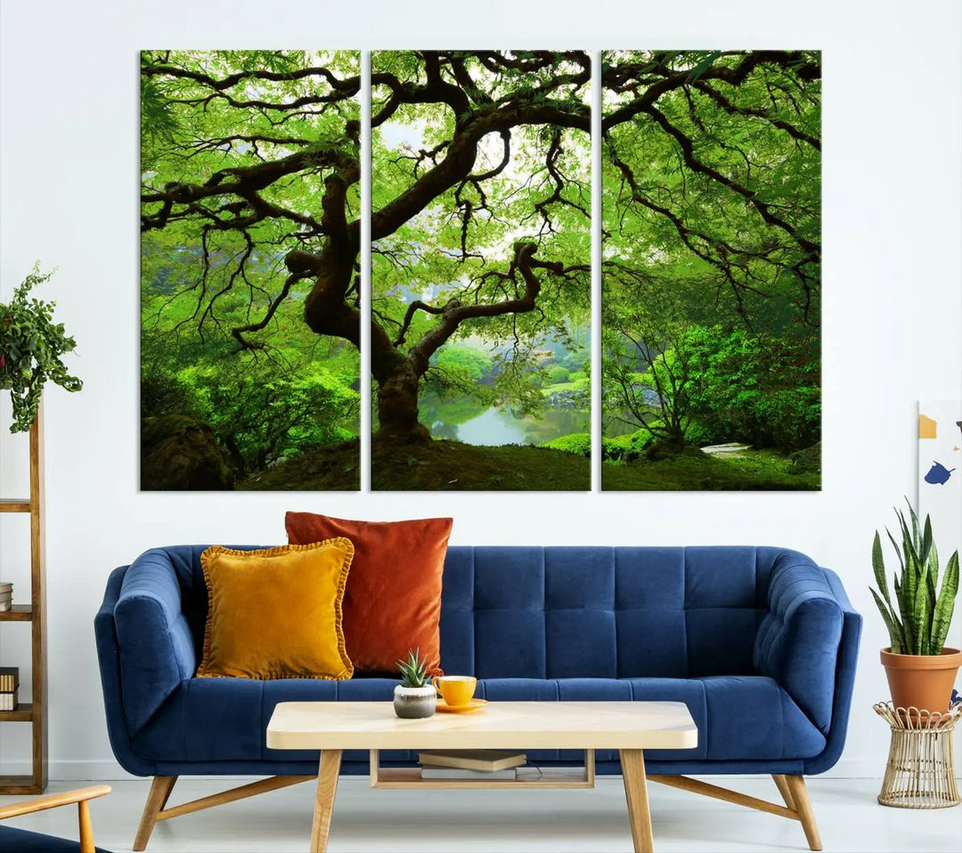 The living room showcases a three-panel artwork titled "Japanese Maple in Autumn, Japanese Garden, Portland Oregon Wall Art" on museum-quality polycotton canvas with a UV-protective coating for lasting brilliance.