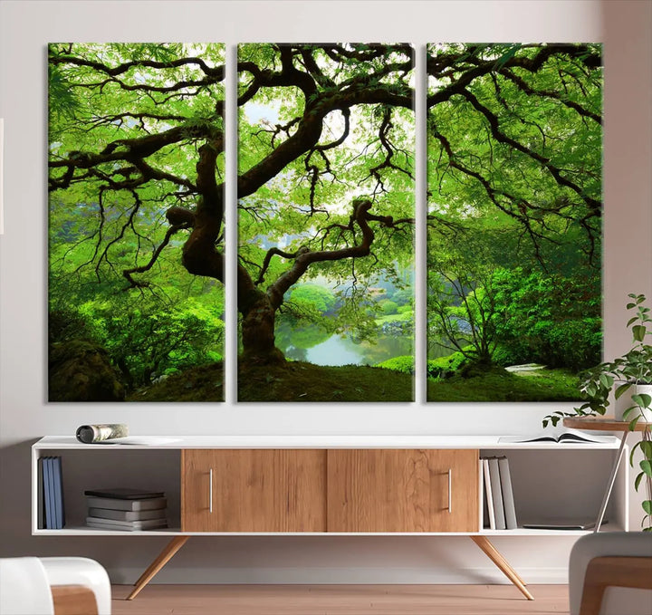 The living room showcases a three-panel artwork titled "Japanese Maple in Autumn, Japanese Garden, Portland Oregon Wall Art" on museum-quality polycotton canvas with a UV-protective coating for lasting brilliance.