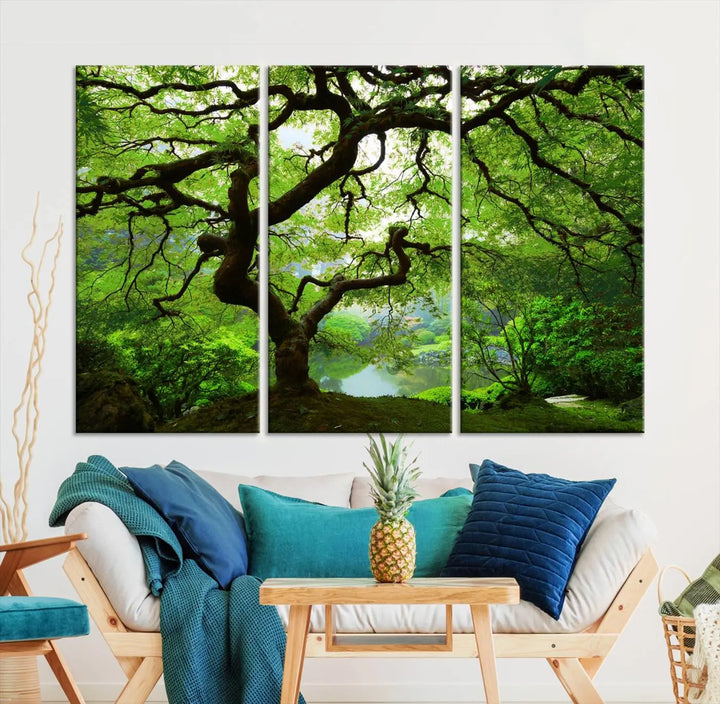 The living room showcases a three-panel artwork titled "Japanese Maple in Autumn, Japanese Garden, Portland Oregon Wall Art" on museum-quality polycotton canvas with a UV-protective coating for lasting brilliance.