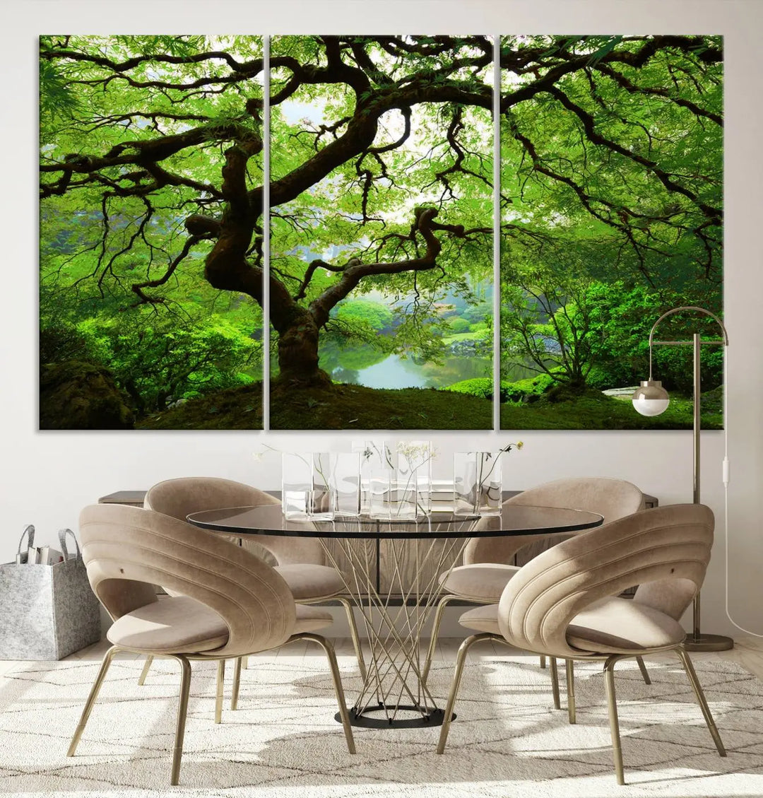 The living room showcases a three-panel artwork titled "Japanese Maple in Autumn, Japanese Garden, Portland Oregon Wall Art" on museum-quality polycotton canvas with a UV-protective coating for lasting brilliance.