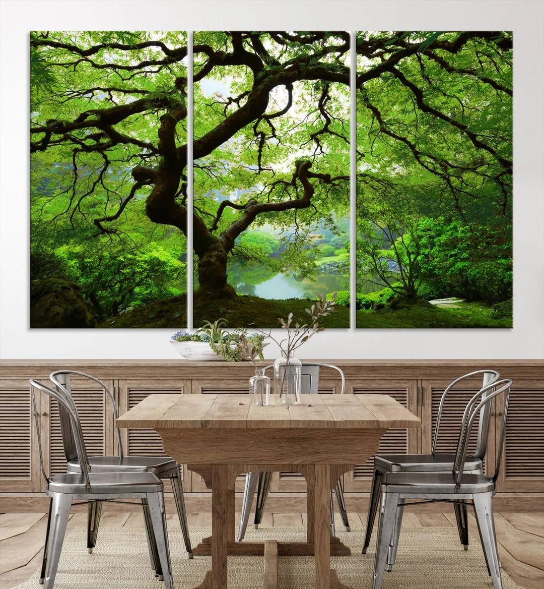 The living room showcases a three-panel artwork titled "Japanese Maple in Autumn, Japanese Garden, Portland Oregon Wall Art" on museum-quality polycotton canvas with a UV-protective coating for lasting brilliance.