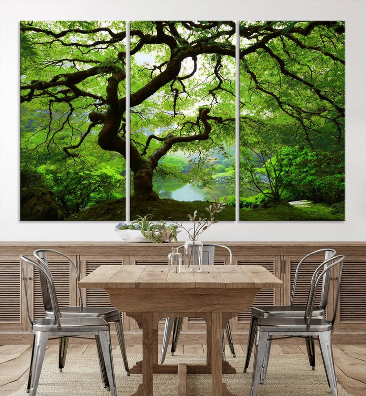 The living room showcases a three-panel artwork titled "Japanese Maple in Autumn, Japanese Garden, Portland Oregon Wall Art" on museum-quality polycotton canvas with a UV-protective coating for lasting brilliance.