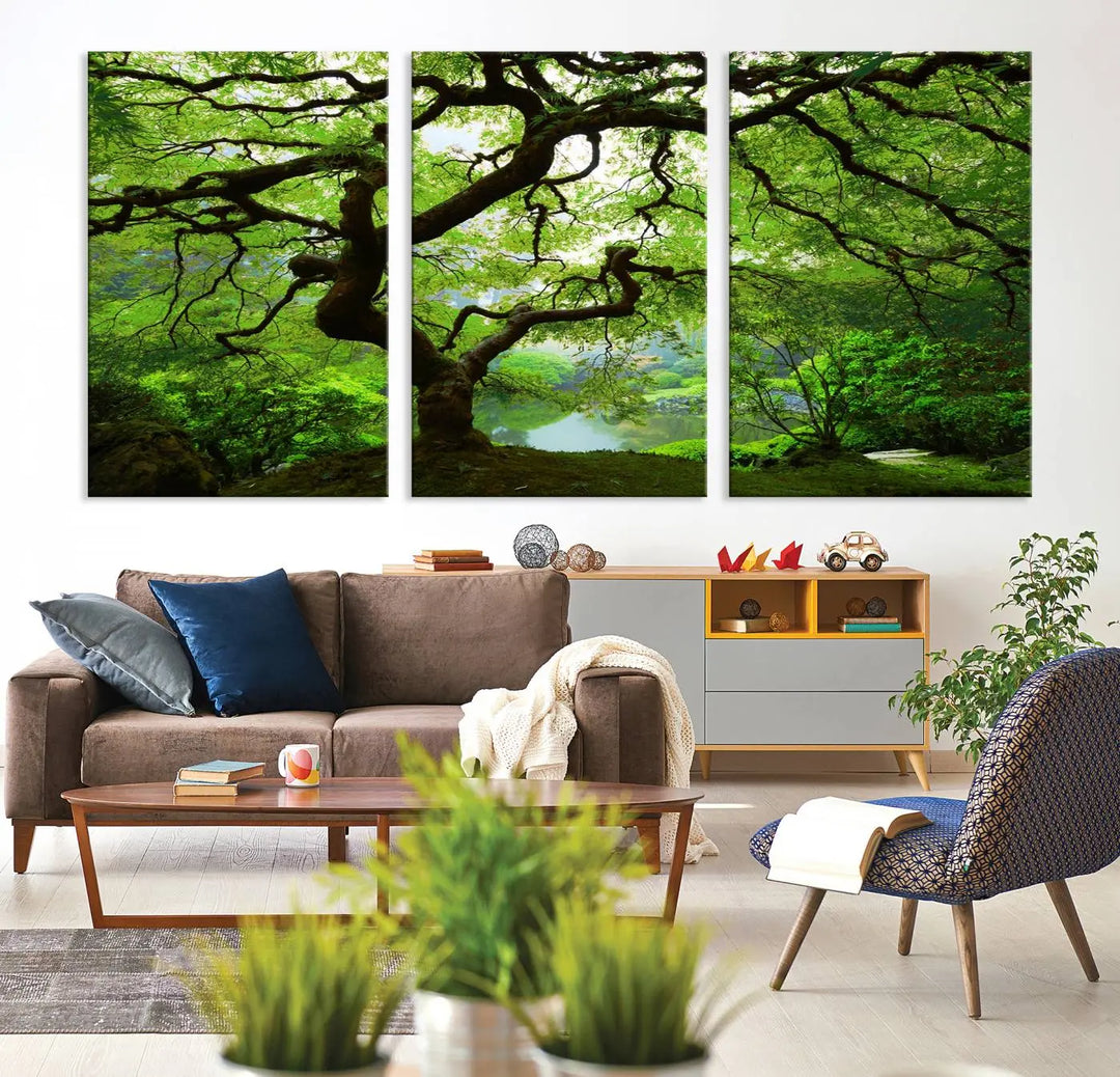 The living room showcases a three-panel artwork titled "Japanese Maple in Autumn, Japanese Garden, Portland Oregon Wall Art" on museum-quality polycotton canvas with a UV-protective coating for lasting brilliance.