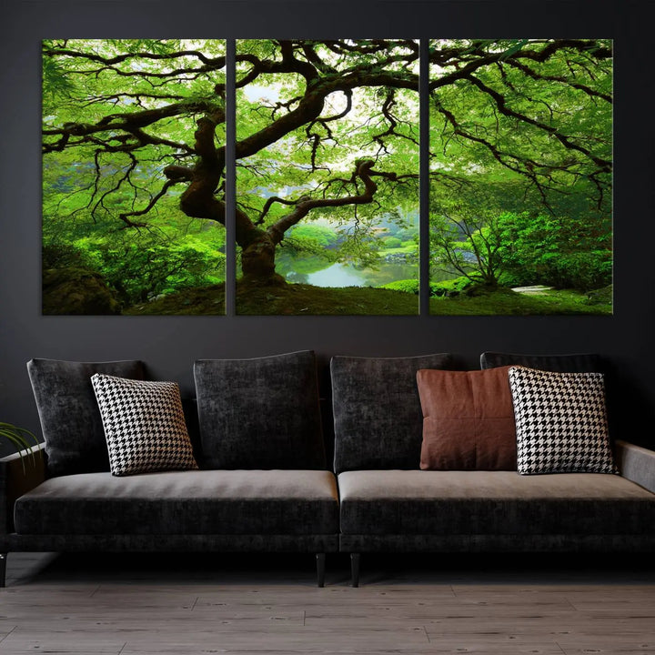 The living room showcases a three-panel artwork titled "Japanese Maple in Autumn, Japanese Garden, Portland Oregon Wall Art" on museum-quality polycotton canvas with a UV-protective coating for lasting brilliance.