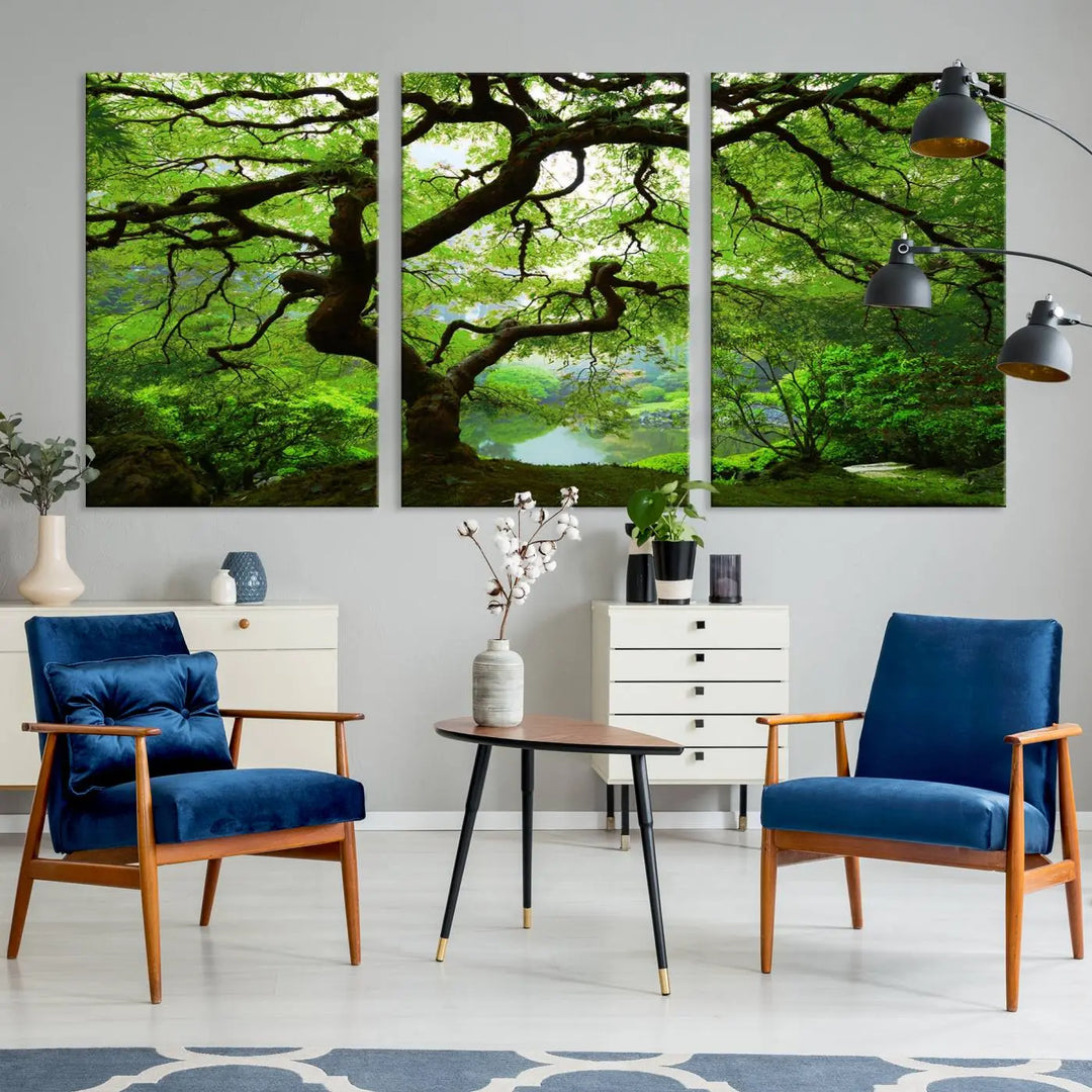 The living room showcases a three-panel artwork titled "Japanese Maple in Autumn, Japanese Garden, Portland Oregon Wall Art" on museum-quality polycotton canvas with a UV-protective coating for lasting brilliance.