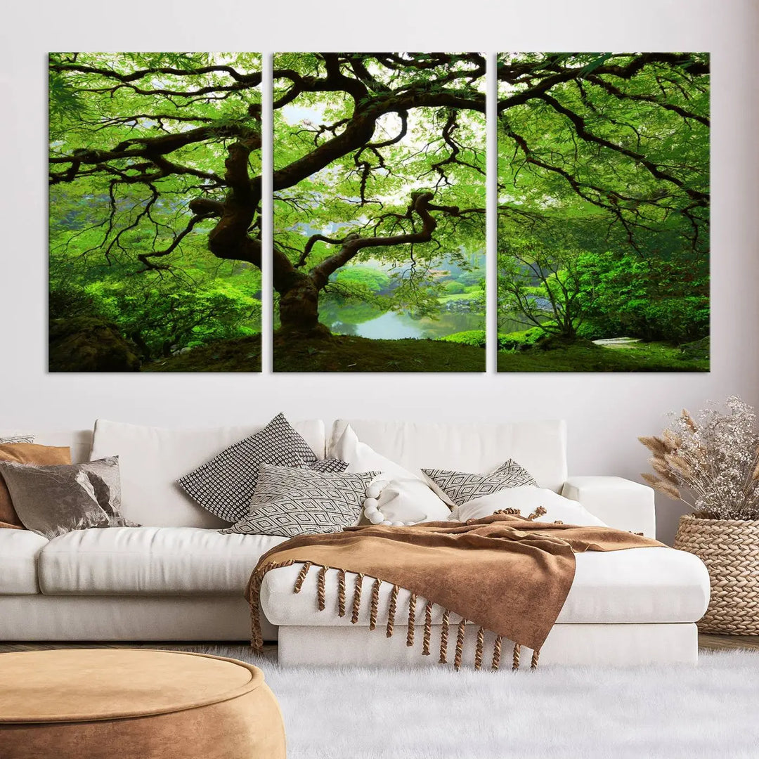 The living room showcases a three-panel artwork titled "Japanese Maple in Autumn, Japanese Garden, Portland Oregon Wall Art" on museum-quality polycotton canvas with a UV-protective coating for lasting brilliance.