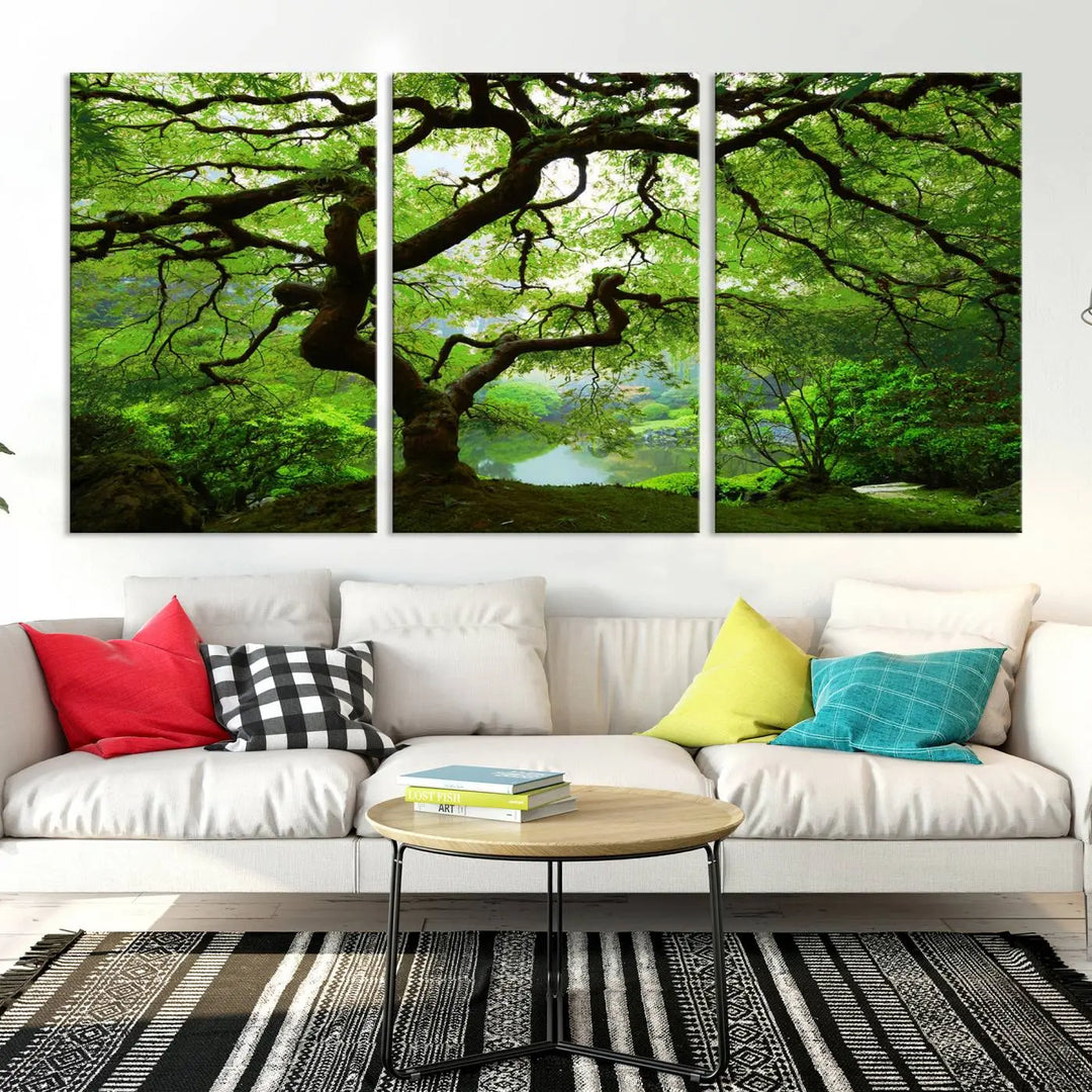 The living room showcases a three-panel artwork titled "Japanese Maple in Autumn, Japanese Garden, Portland Oregon Wall Art" on museum-quality polycotton canvas with a UV-protective coating for lasting brilliance.