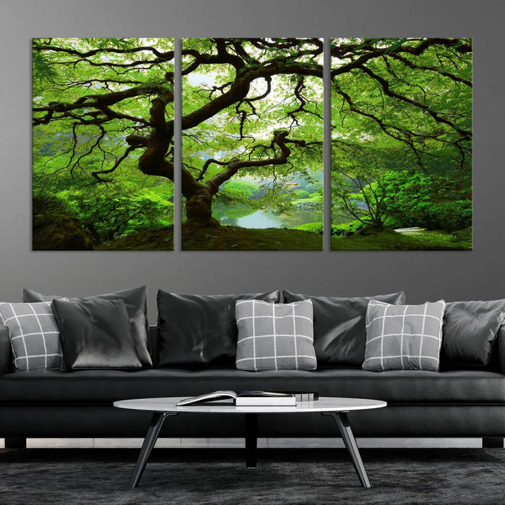 The living room showcases a three-panel artwork titled "Japanese Maple in Autumn, Japanese Garden, Portland Oregon Wall Art" on museum-quality polycotton canvas with a UV-protective coating for lasting brilliance.