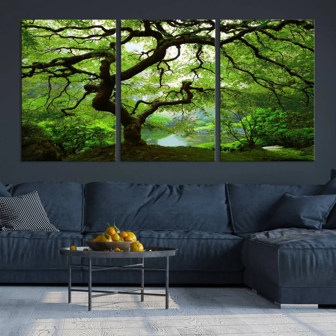 The living room showcases a three-panel artwork titled "Japanese Maple in Autumn, Japanese Garden, Portland Oregon Wall Art" on museum-quality polycotton canvas with a UV-protective coating for lasting brilliance.