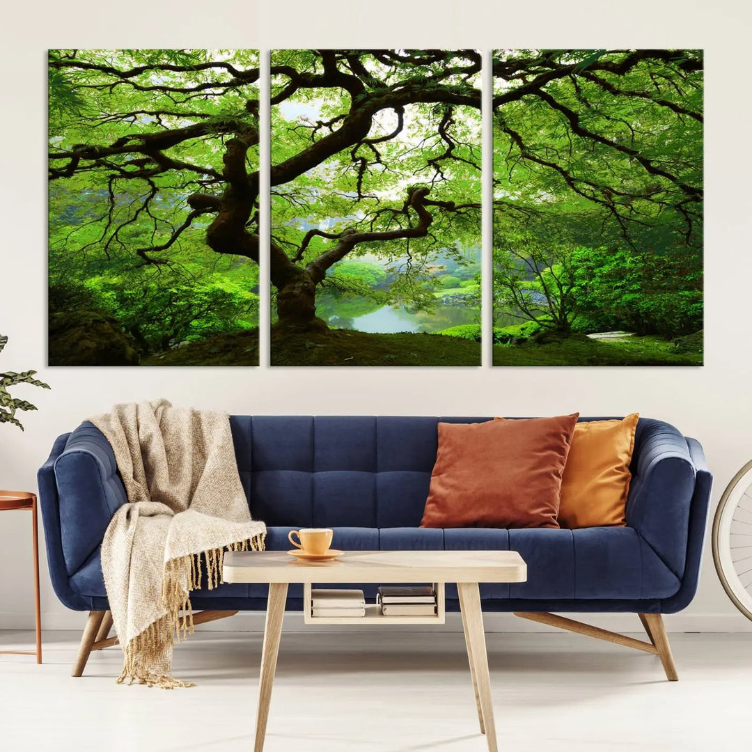 The living room showcases a three-panel artwork titled "Japanese Maple in Autumn, Japanese Garden, Portland Oregon Wall Art" on museum-quality polycotton canvas with a UV-protective coating for lasting brilliance.