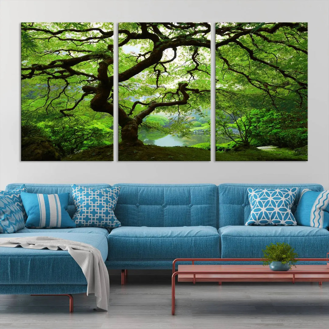 The living room showcases a three-panel artwork titled "Japanese Maple in Autumn, Japanese Garden, Portland Oregon Wall Art" on museum-quality polycotton canvas with a UV-protective coating for lasting brilliance.