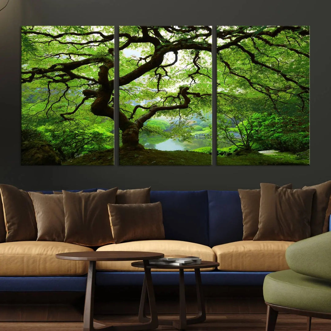 The living room showcases a three-panel artwork titled "Japanese Maple in Autumn, Japanese Garden, Portland Oregon Wall Art" on museum-quality polycotton canvas with a UV-protective coating for lasting brilliance.