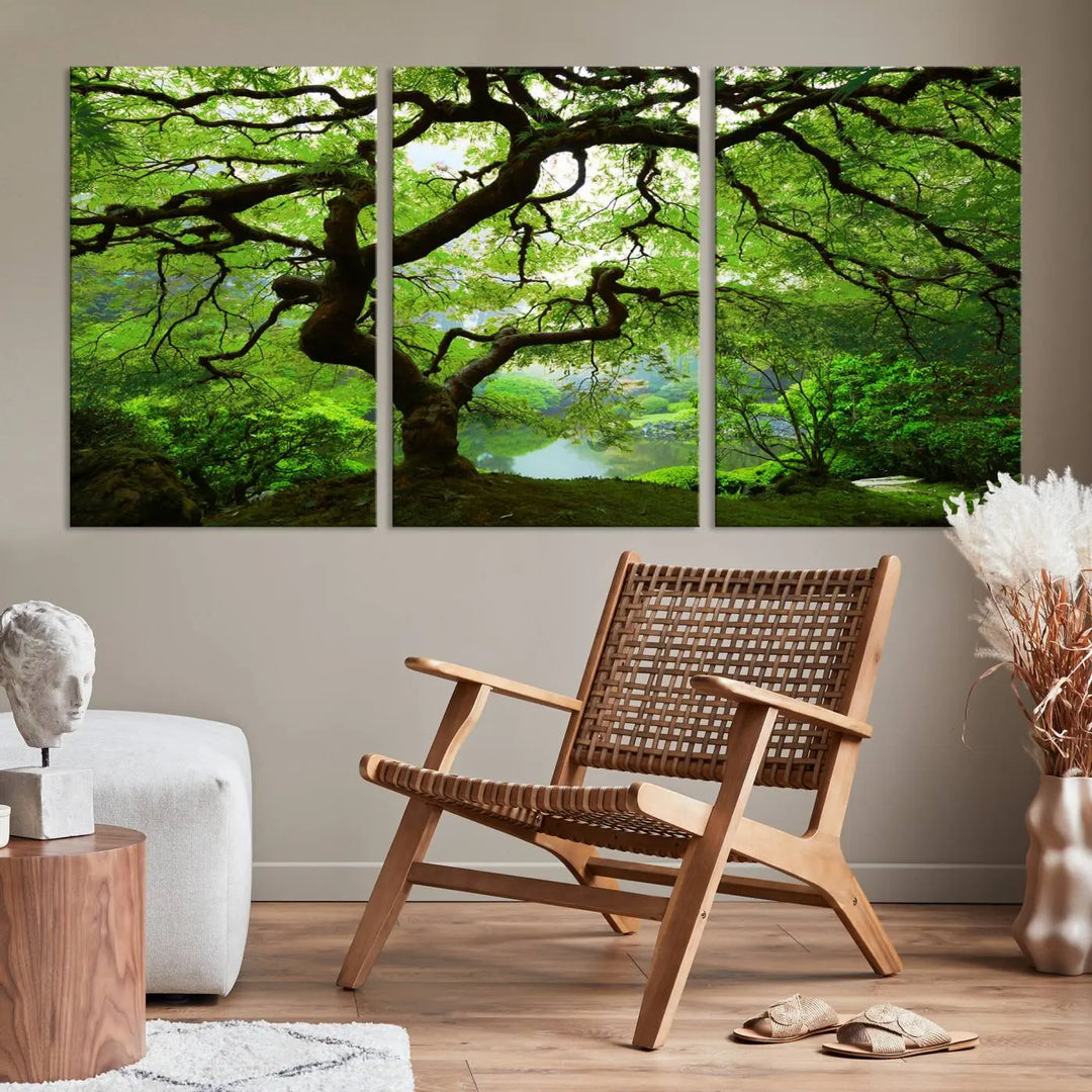 The living room showcases a three-panel artwork titled "Japanese Maple in Autumn, Japanese Garden, Portland Oregon Wall Art" on museum-quality polycotton canvas with a UV-protective coating for lasting brilliance.