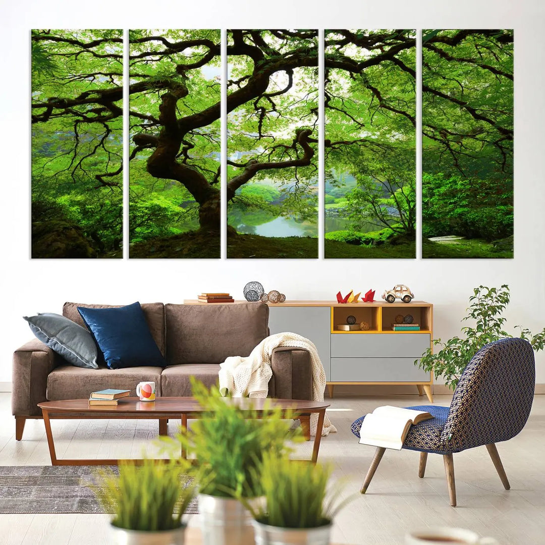 The living room showcases a three-panel artwork titled "Japanese Maple in Autumn, Japanese Garden, Portland Oregon Wall Art" on museum-quality polycotton canvas with a UV-protective coating for lasting brilliance.