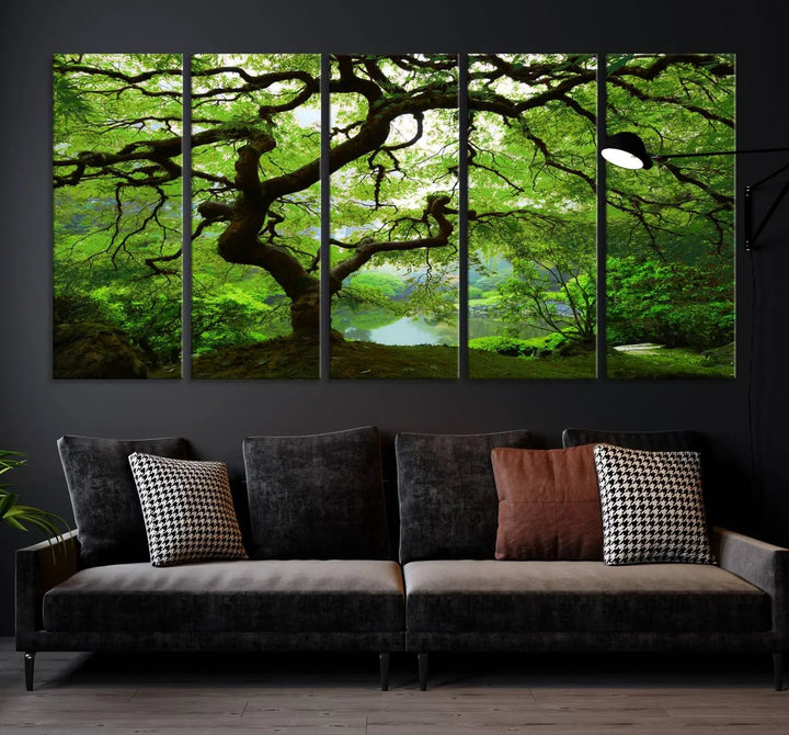 The living room showcases a three-panel artwork titled "Japanese Maple in Autumn, Japanese Garden, Portland Oregon Wall Art" on museum-quality polycotton canvas with a UV-protective coating for lasting brilliance.