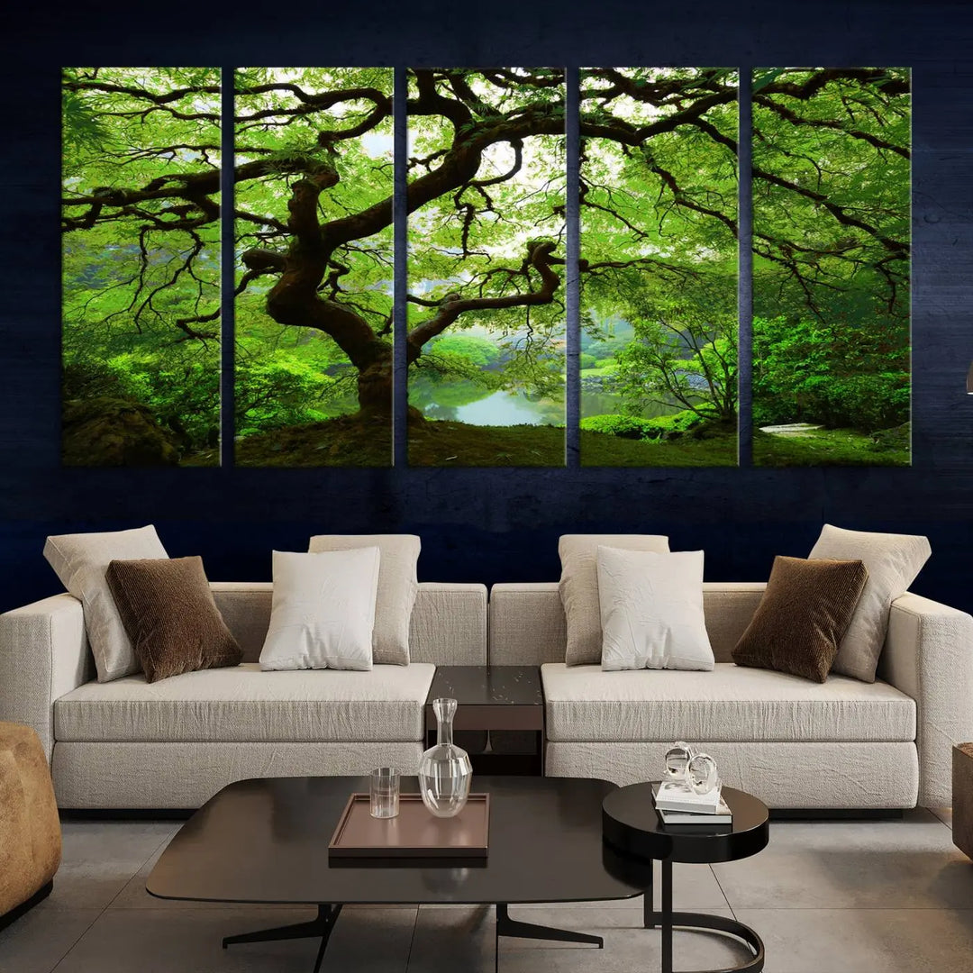 The living room showcases a three-panel artwork titled "Japanese Maple in Autumn, Japanese Garden, Portland Oregon Wall Art" on museum-quality polycotton canvas with a UV-protective coating for lasting brilliance.