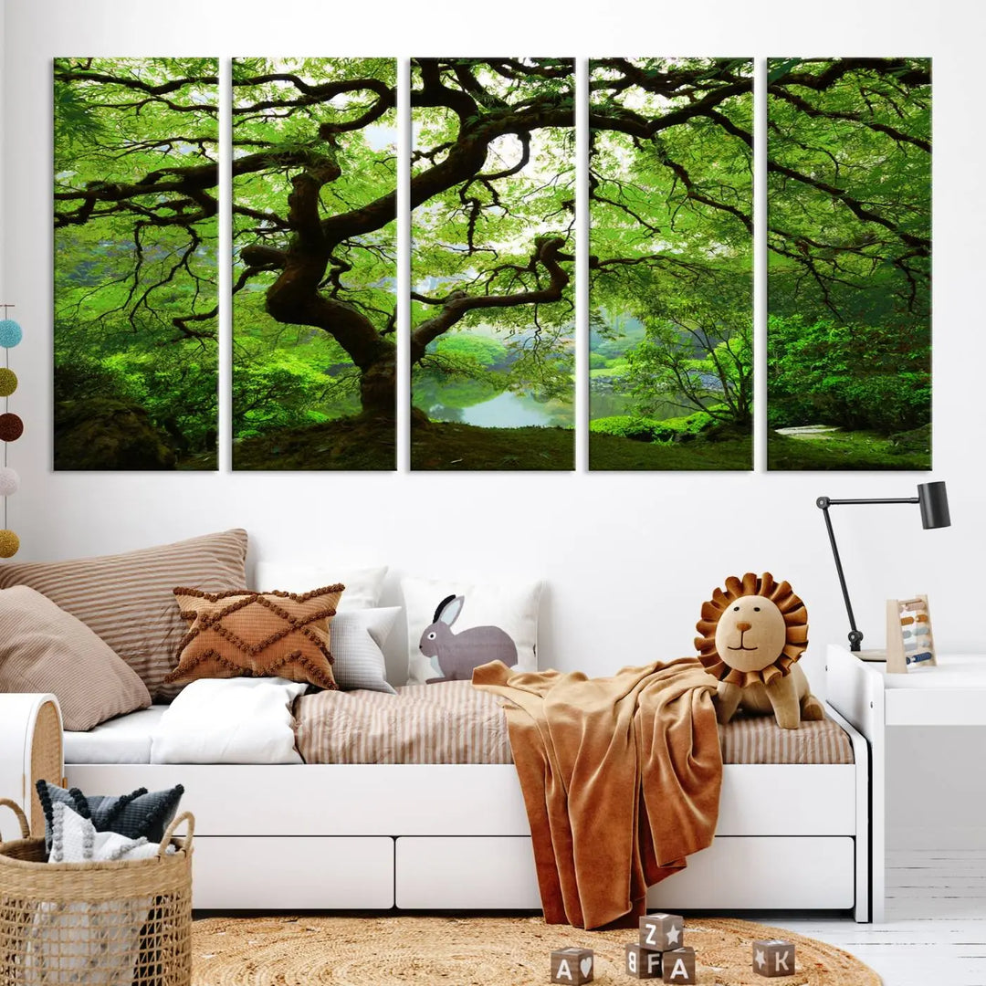 The living room showcases a three-panel artwork titled "Japanese Maple in Autumn, Japanese Garden, Portland Oregon Wall Art" on museum-quality polycotton canvas with a UV-protective coating for lasting brilliance.