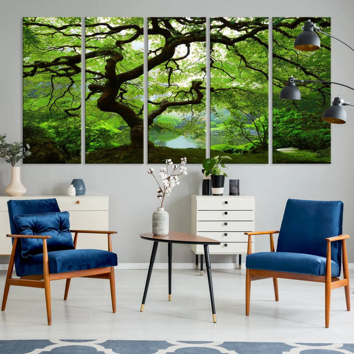 The living room showcases a three-panel artwork titled "Japanese Maple in Autumn, Japanese Garden, Portland Oregon Wall Art" on museum-quality polycotton canvas with a UV-protective coating for lasting brilliance.