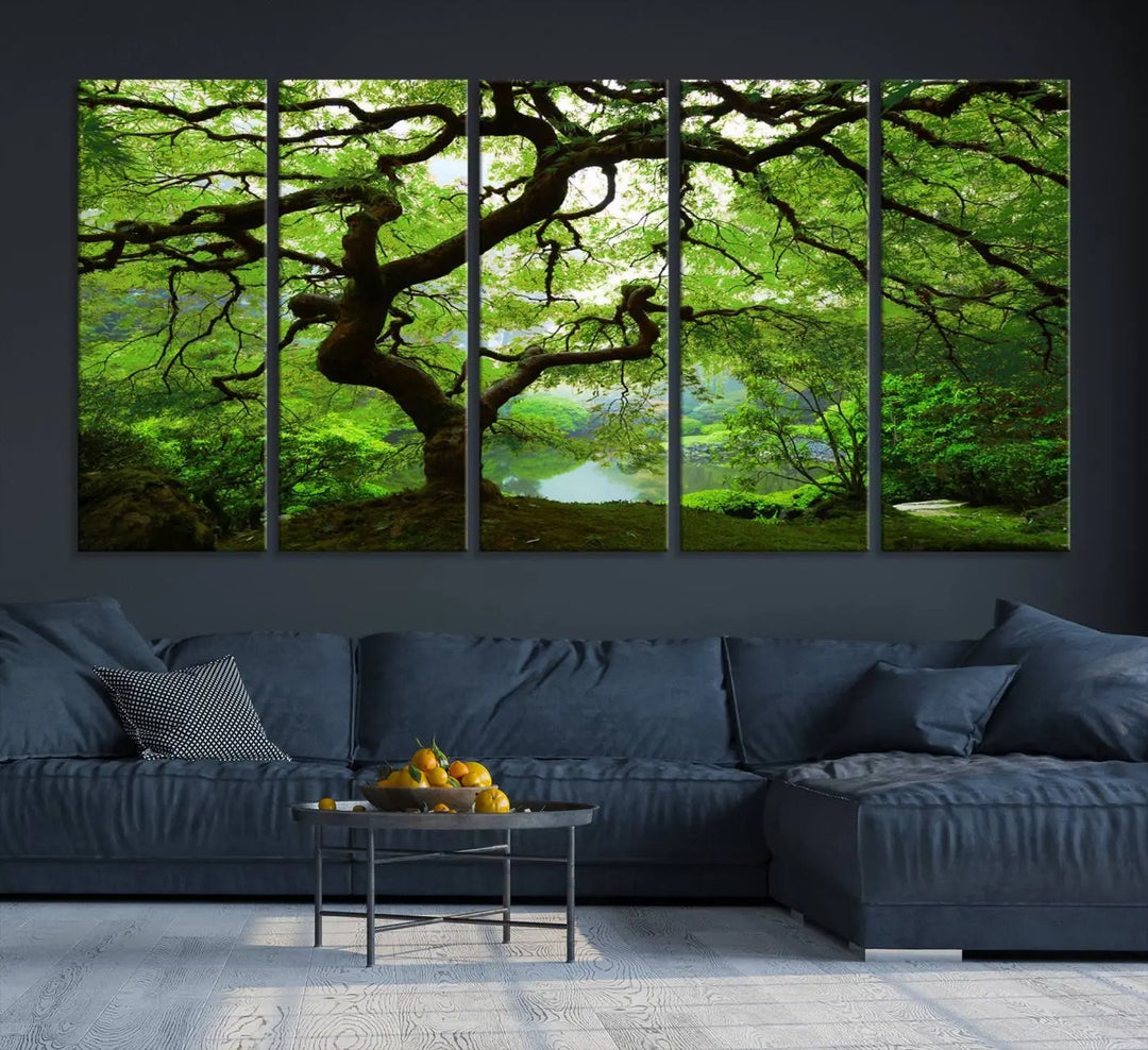 The living room showcases a three-panel artwork titled "Japanese Maple in Autumn, Japanese Garden, Portland Oregon Wall Art" on museum-quality polycotton canvas with a UV-protective coating for lasting brilliance.