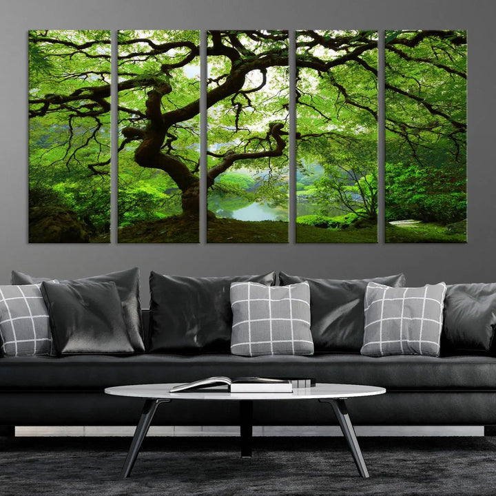 The living room showcases a three-panel artwork titled "Japanese Maple in Autumn, Japanese Garden, Portland Oregon Wall Art" on museum-quality polycotton canvas with a UV-protective coating for lasting brilliance.