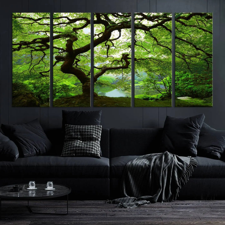 The living room showcases a three-panel artwork titled "Japanese Maple in Autumn, Japanese Garden, Portland Oregon Wall Art" on museum-quality polycotton canvas with a UV-protective coating for lasting brilliance.