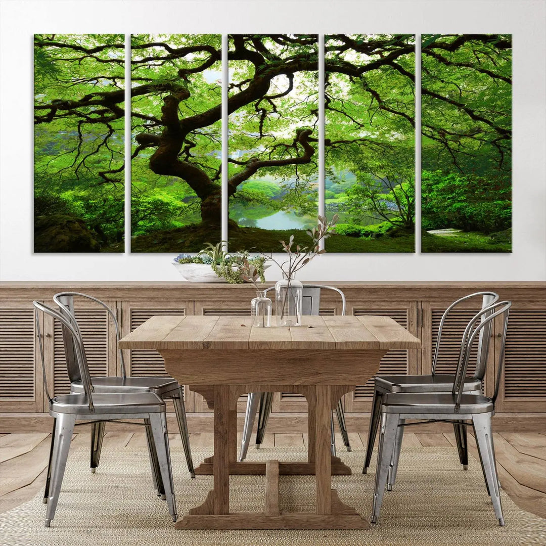 The living room showcases a three-panel artwork titled "Japanese Maple in Autumn, Japanese Garden, Portland Oregon Wall Art" on museum-quality polycotton canvas with a UV-protective coating for lasting brilliance.