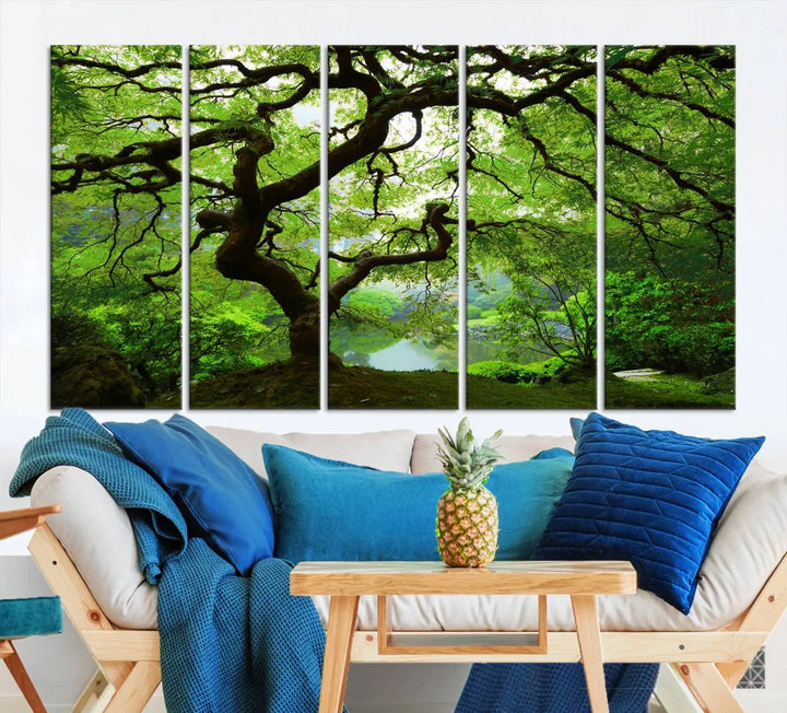 The living room showcases a three-panel artwork titled "Japanese Maple in Autumn, Japanese Garden, Portland Oregon Wall Art" on museum-quality polycotton canvas with a UV-protective coating for lasting brilliance.