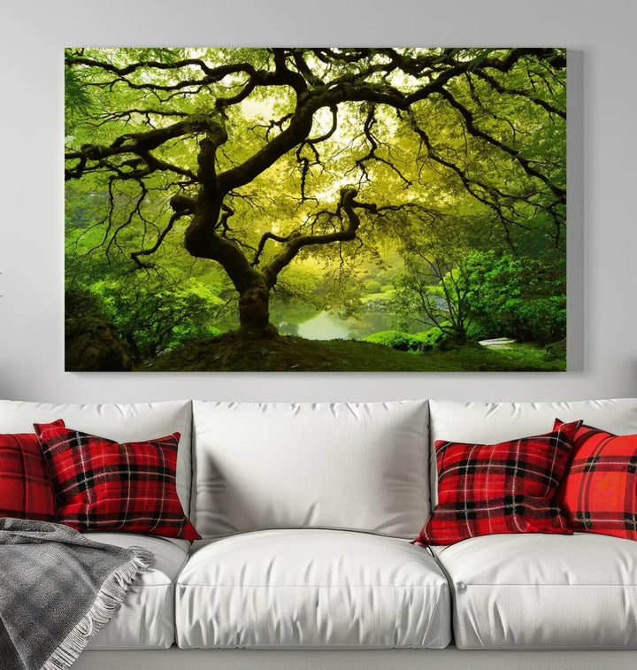 The triptych artwork titled "Japanese Maple in Japanese Garden, Portland Oregon" features lush green foliage and is crafted on museum-quality canvas, ready to hang in a well-lit room.