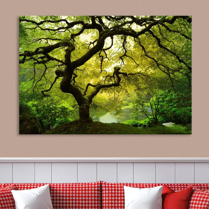 The triptych artwork titled "Japanese Maple in Japanese Garden, Portland Oregon" features lush green foliage and is crafted on museum-quality canvas, ready to hang in a well-lit room.