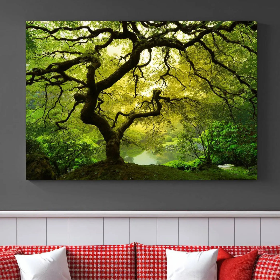 The triptych artwork titled "Japanese Maple in Japanese Garden, Portland Oregon" features lush green foliage and is crafted on museum-quality canvas, ready to hang in a well-lit room.