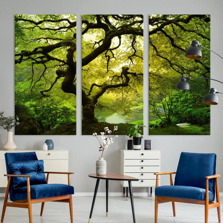 The triptych artwork titled "Japanese Maple in Japanese Garden, Portland Oregon" features lush green foliage and is crafted on museum-quality canvas, ready to hang in a well-lit room.