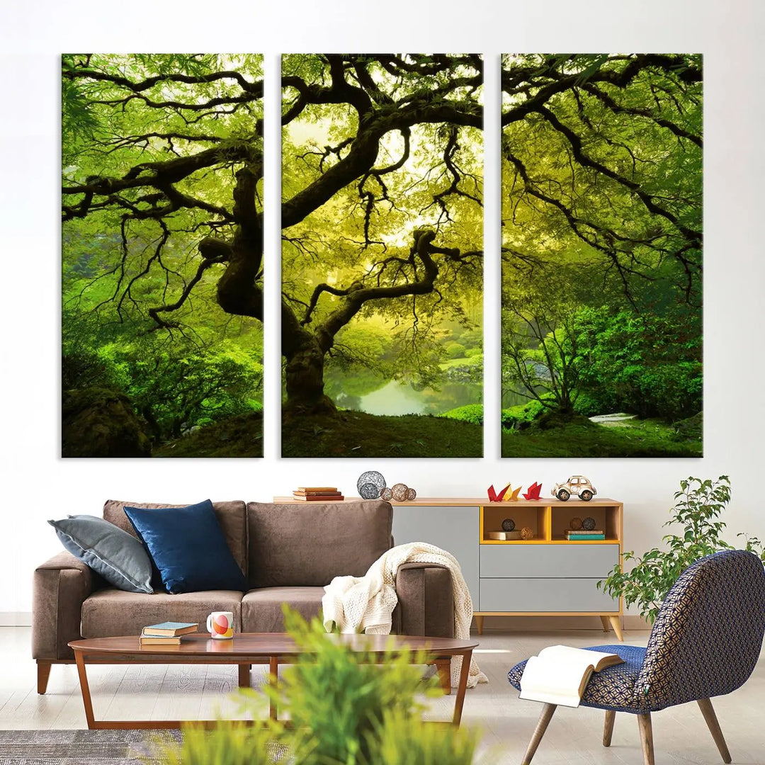 The triptych artwork titled "Japanese Maple in Japanese Garden, Portland Oregon" features lush green foliage and is crafted on museum-quality canvas, ready to hang in a well-lit room.