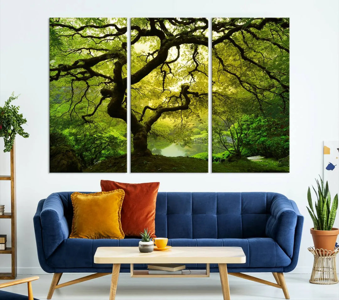 The triptych artwork titled "Japanese Maple in Japanese Garden, Portland Oregon" features lush green foliage and is crafted on museum-quality canvas, ready to hang in a well-lit room.